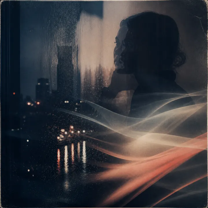 Anonymous singer reflected in a rain-dark city window with ribbon-like light