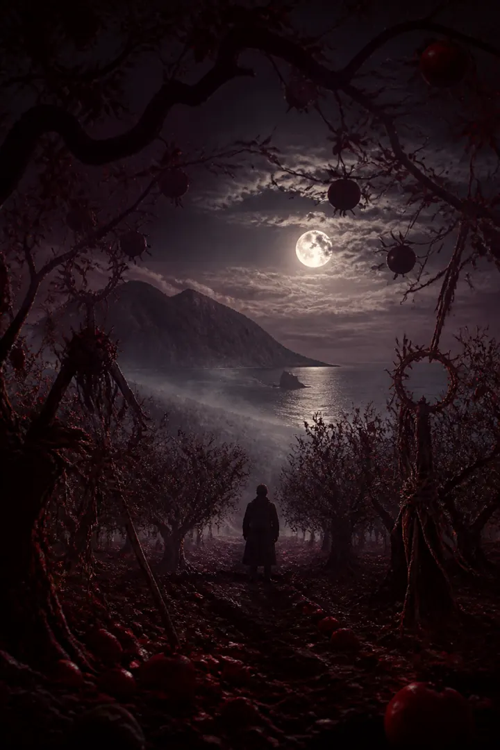 Moonlit island orchard overlooking the sea, with a lone figure between the trees